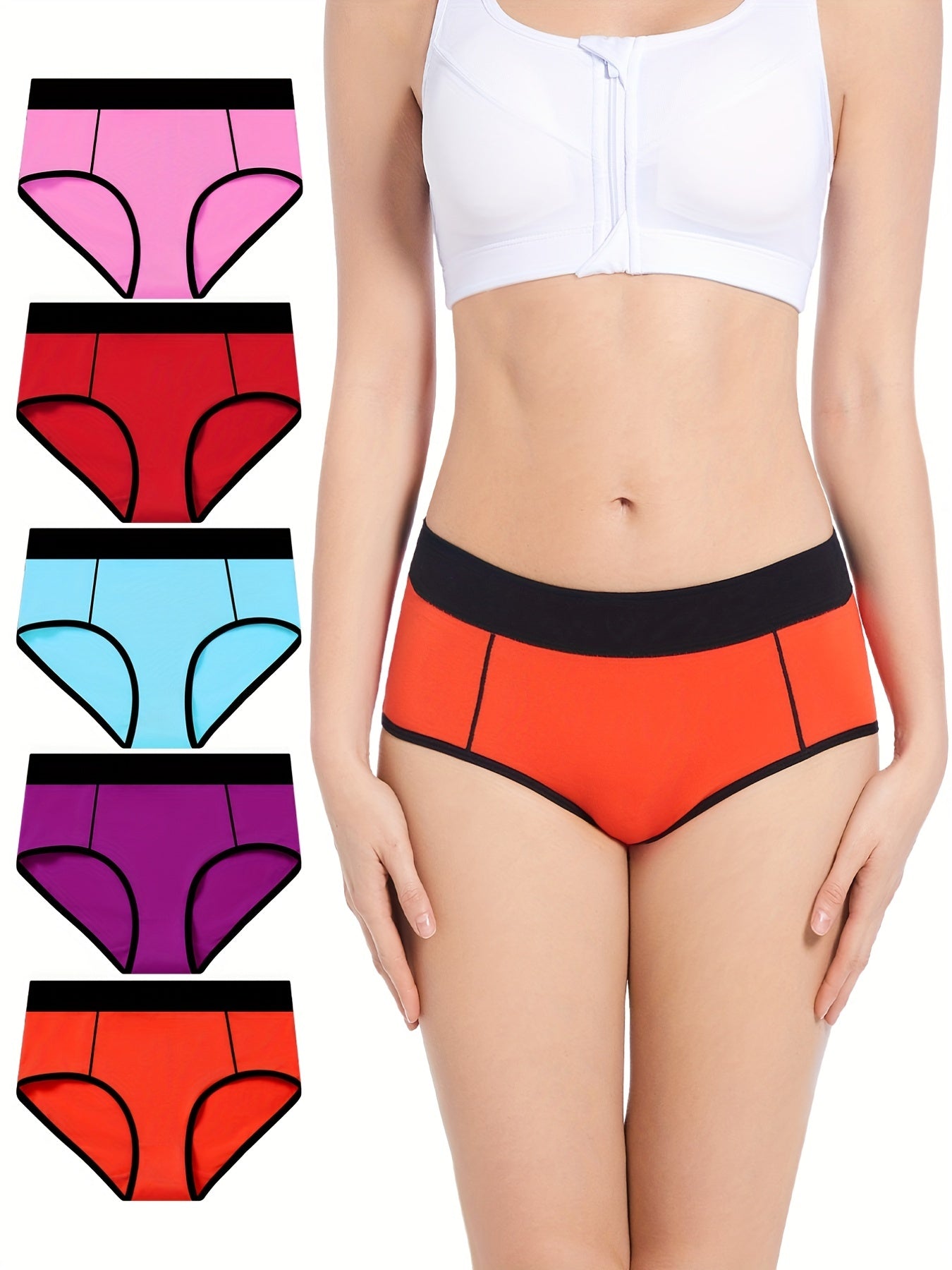 5pcs Colorblock Trim Briefs Comfy Stretchy Intimates Panties