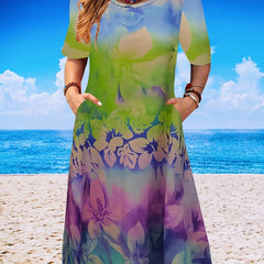 Plus Size Floral Print Short Sleeve Dress With Pockets