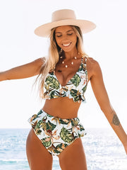 Tropical Print Bikini Set V Neck Backless High Cut High Waist Beachwear
