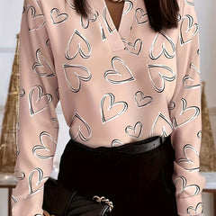 Heart Print Long Sleeve V Neck Blouse