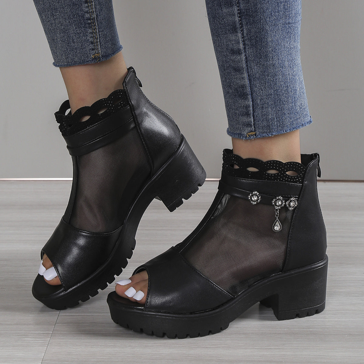 Women's Rhinestone Mesh Block Heel Boots