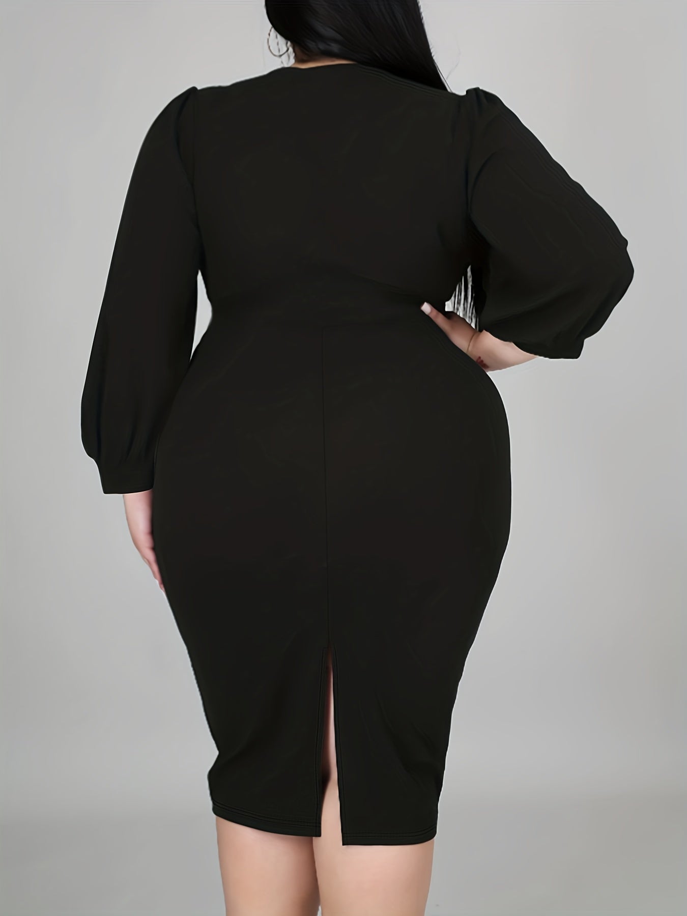 Solid Lantern Sleeve Surplice Neck Slim Fit Dress