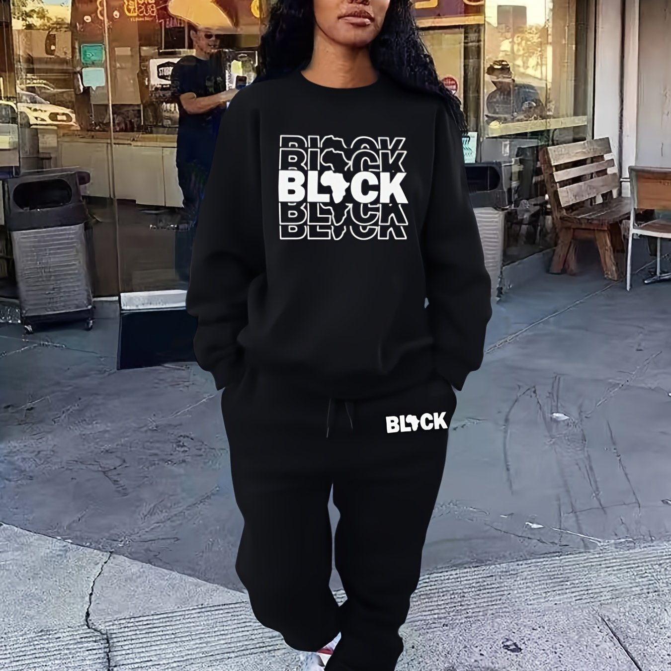Letter Print Two-Piece Set Crew Neck Long Sleeve Tops & Drawstring Jogger Pants