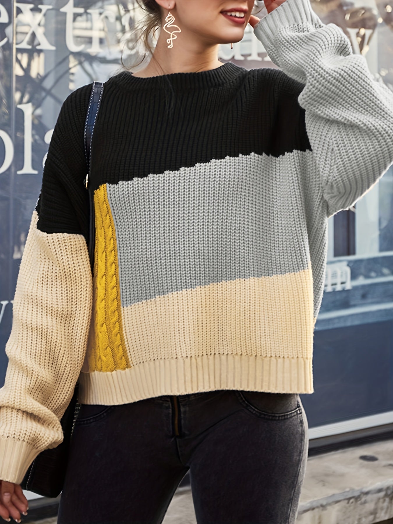 Colorblock Cable Crew Neck Sweater