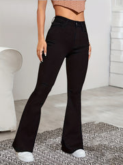 High Rise Flare Leg Jeans Zipper Button Closure Solid Stretchy Bell Bottoms Deni