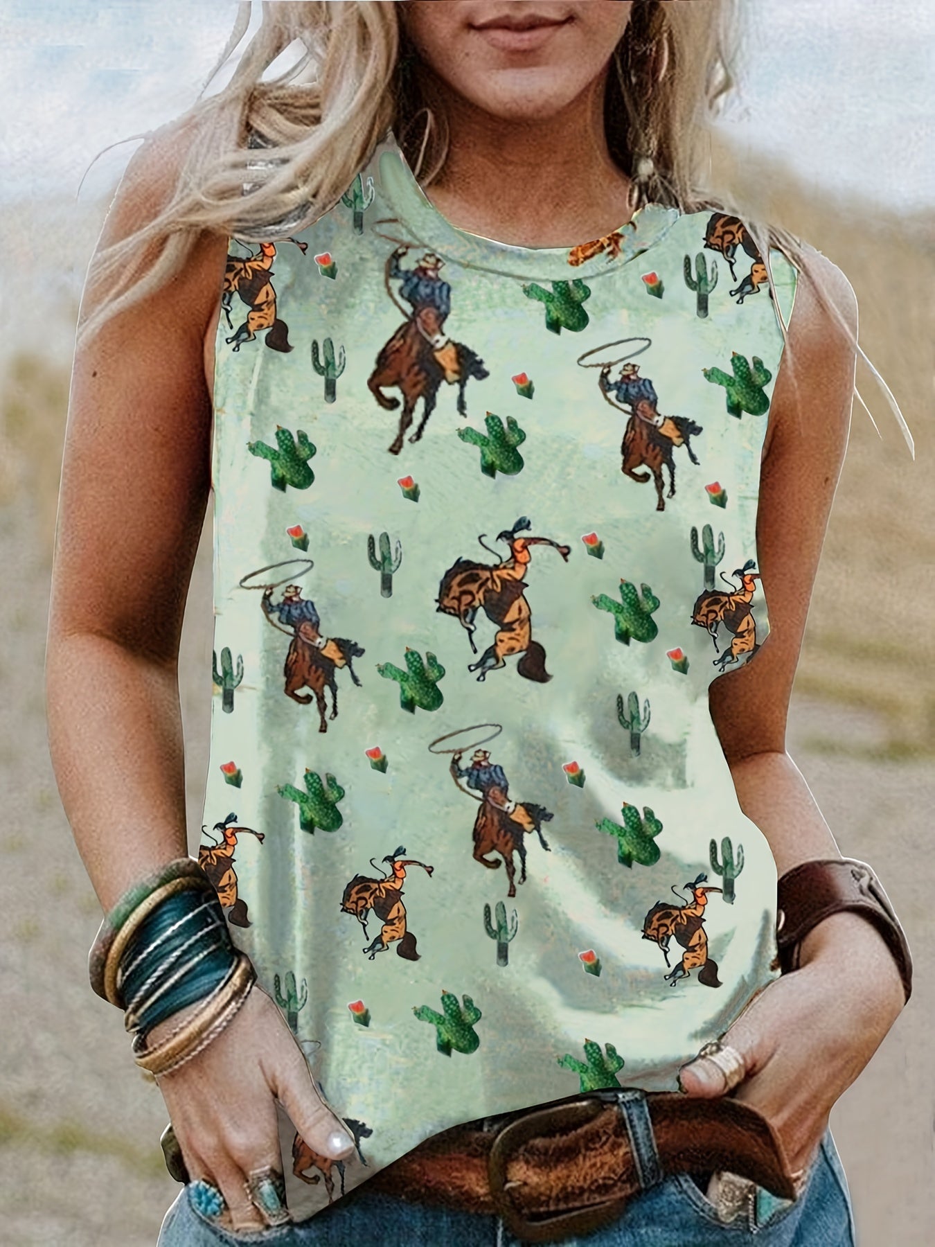 Cartoon Figure Cactus Print Tank Top Round Neck Medium Stretch Tank