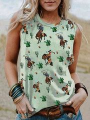 Cartoon Figure Cactus Print Tank Top Round Neck Medium Stretch Tank