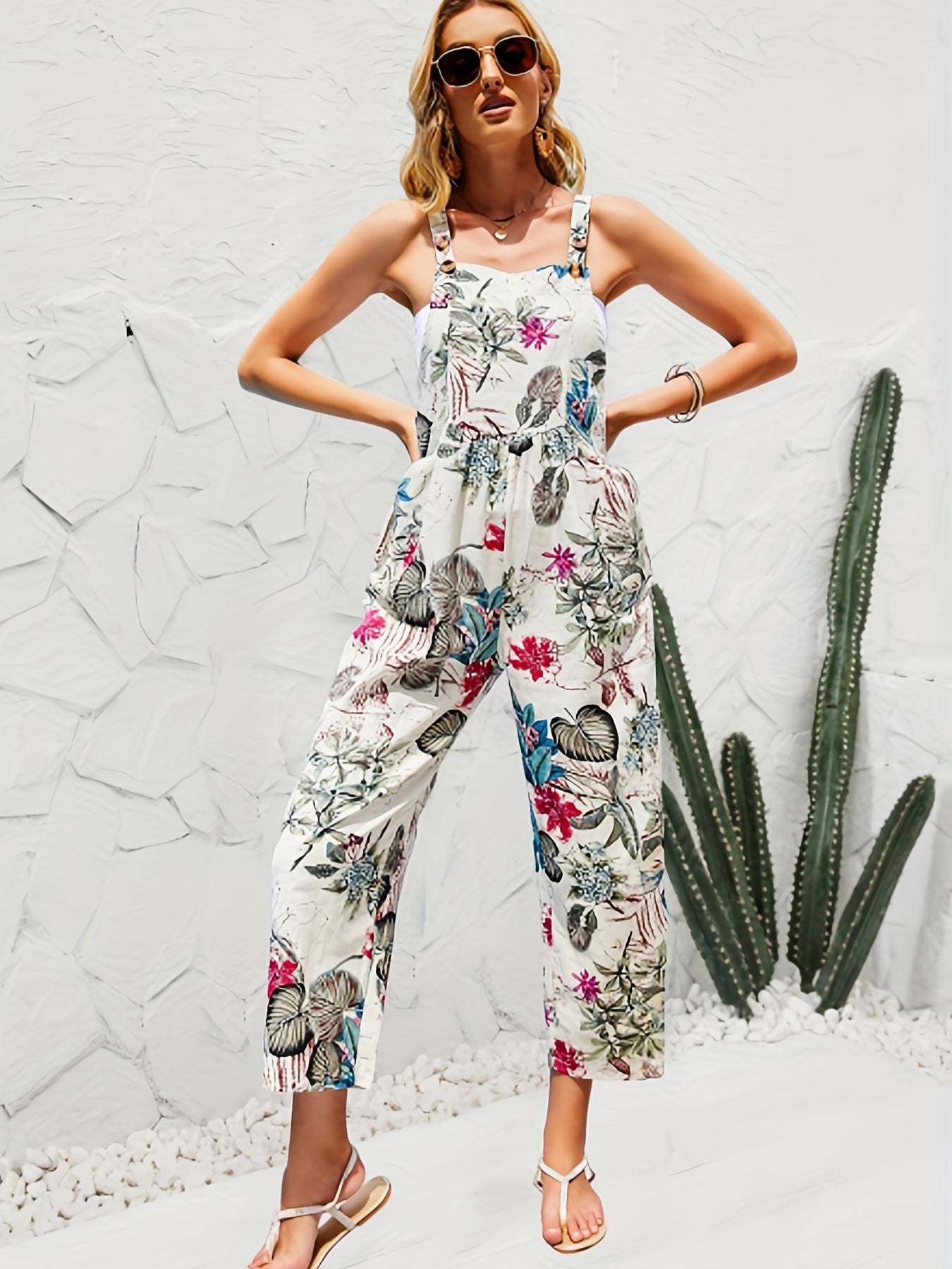 Floral Print Dual Pockets Overall Jumpsuit Casual Button Front Suspender Jumpsui