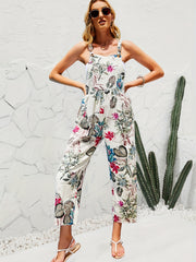 Floral Print Dual Pockets Overall Jumpsuit Casual Button Front Suspender Jumpsui