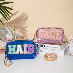 Preppy Makeup Bag Organizer With Embroidery Letter Patch