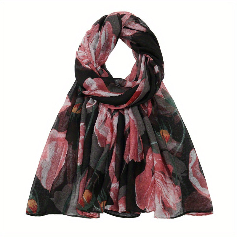 Flower Plant Print Voile Scarf Classic Boho Shawl Breathable Hijab