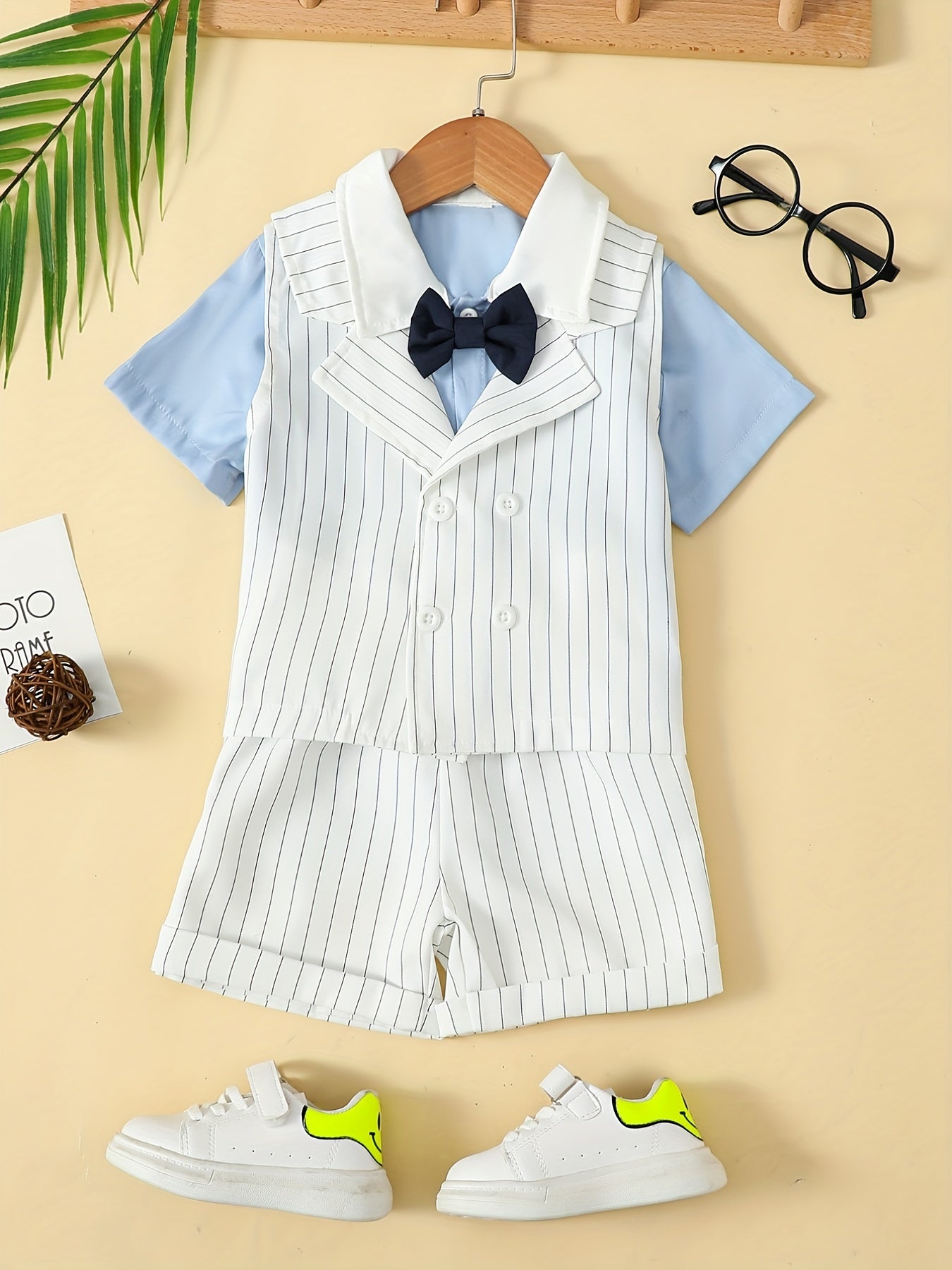 Boys Striped Outfit Short Sleeves Shirt & Vest & Shorts Set