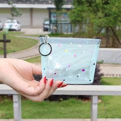 Clear Heart Decor Coin Purse With Keychain Mesh Cosmetic Bag Zipper Wallet