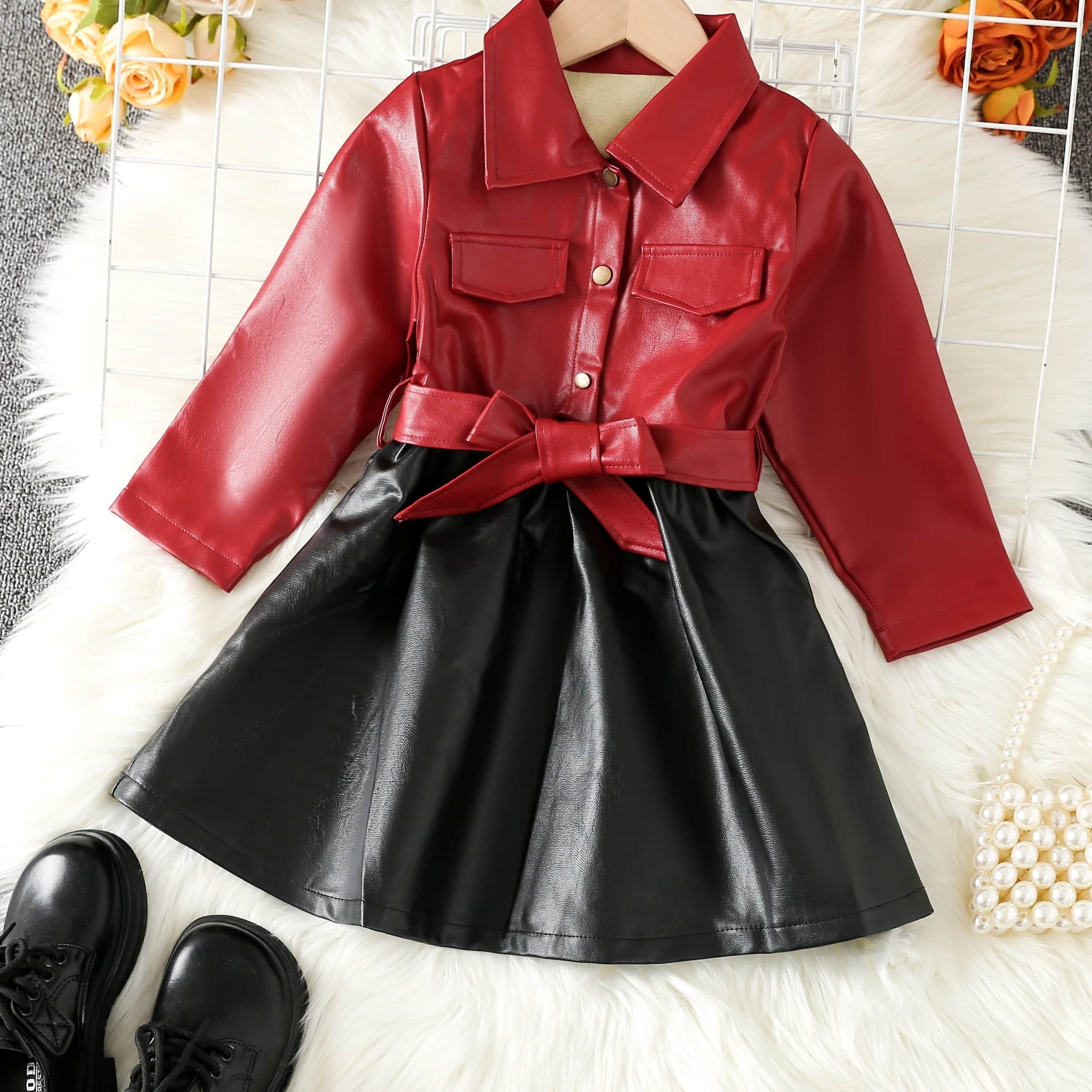 Baby Girls PU Leather Dress Long Sleeve Lapel With Belt Dress