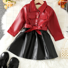 Baby Girls PU Leather Dress Long Sleeve Lapel With Belt Dress