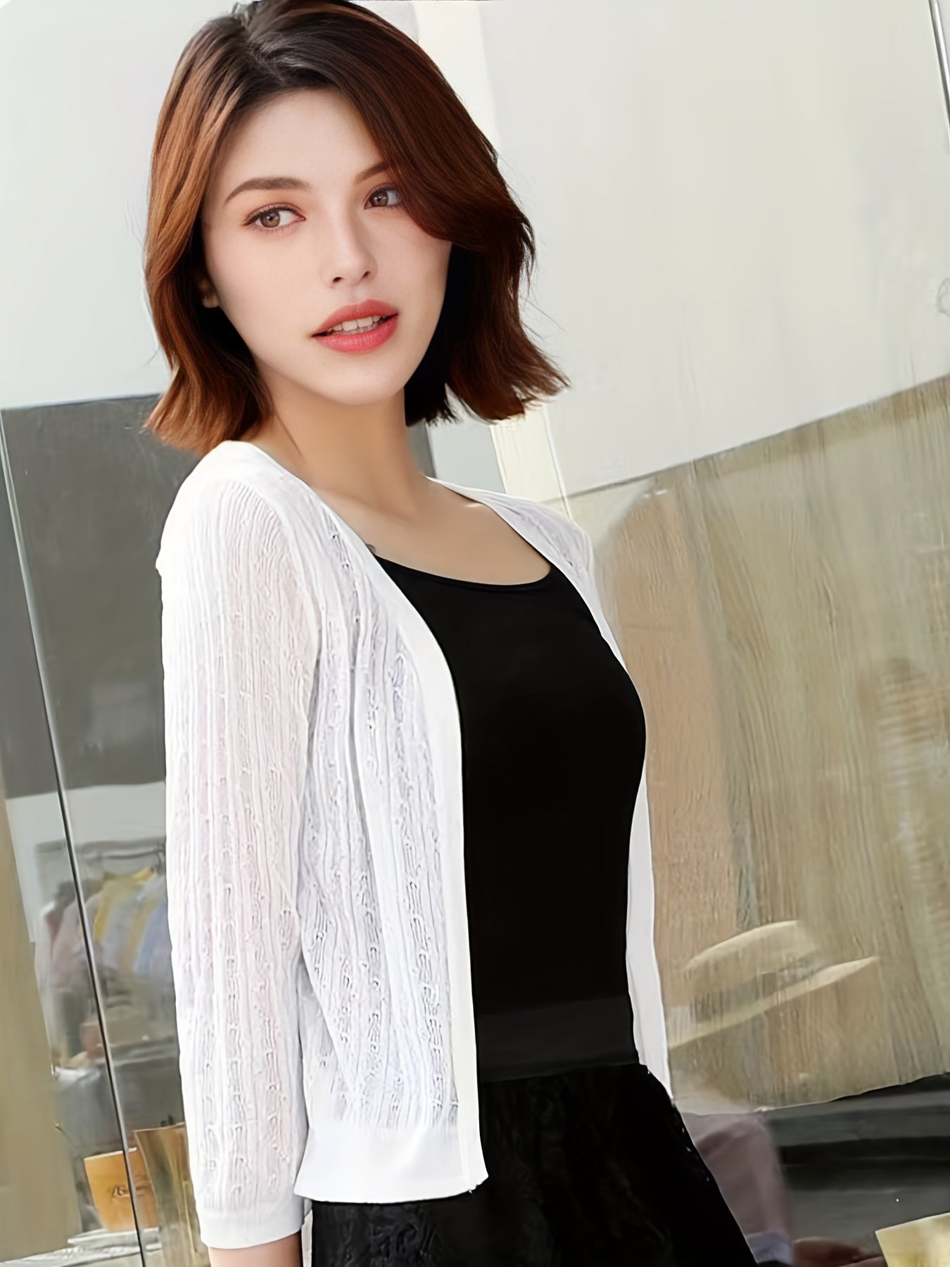 Solid Knit Cardigan 3/4 Sleeve Sweater