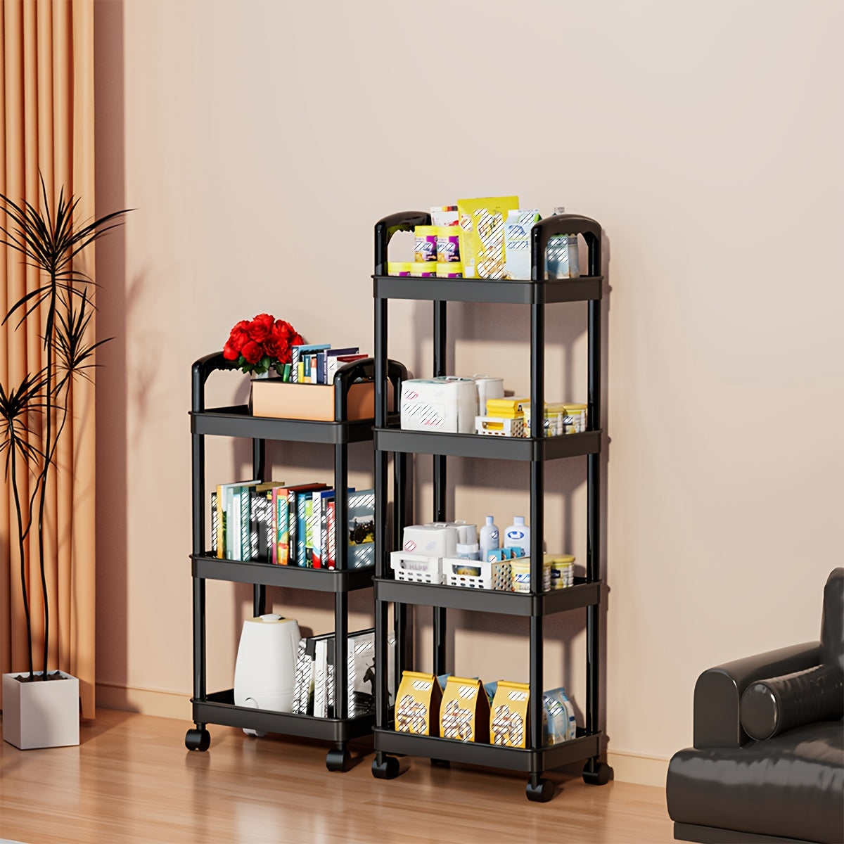 4 Tier Utility Cart with Handle and Wheels - Multipurpose Rolling Storage