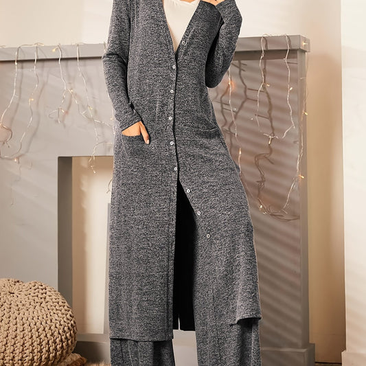 Solid Cardigan & Pants 2 Piece Set