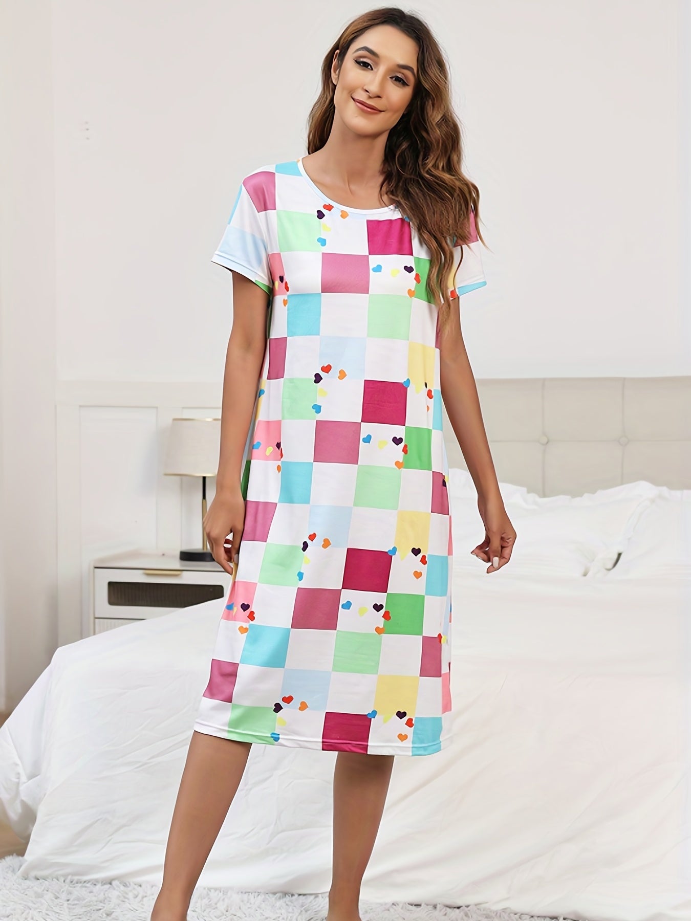 Colorblock Plaid Lounge Dresses & Comfy Short Sleeve Home Dress