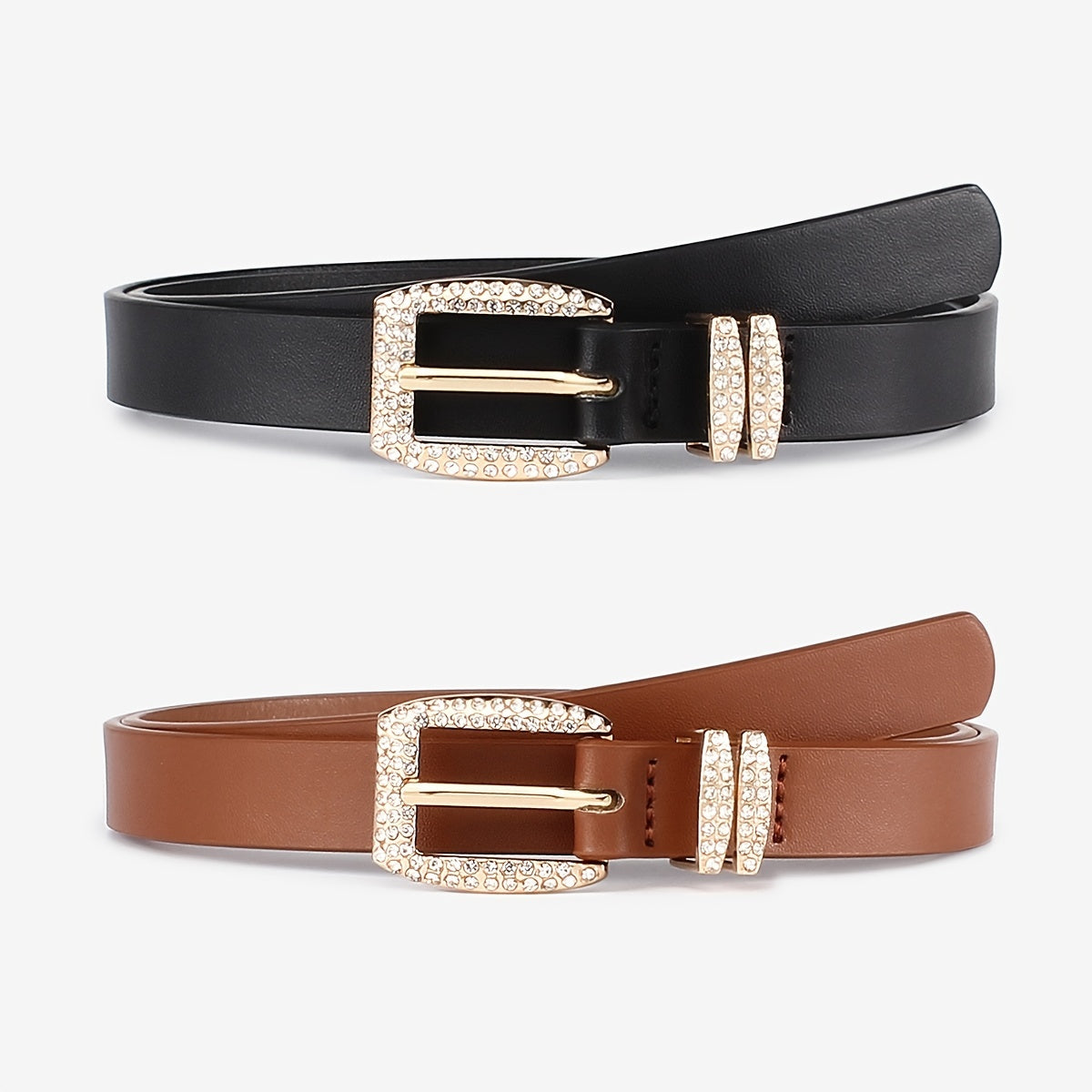 Golden Square Rhinestone Buckle PU Leather Plain Belt for Girls