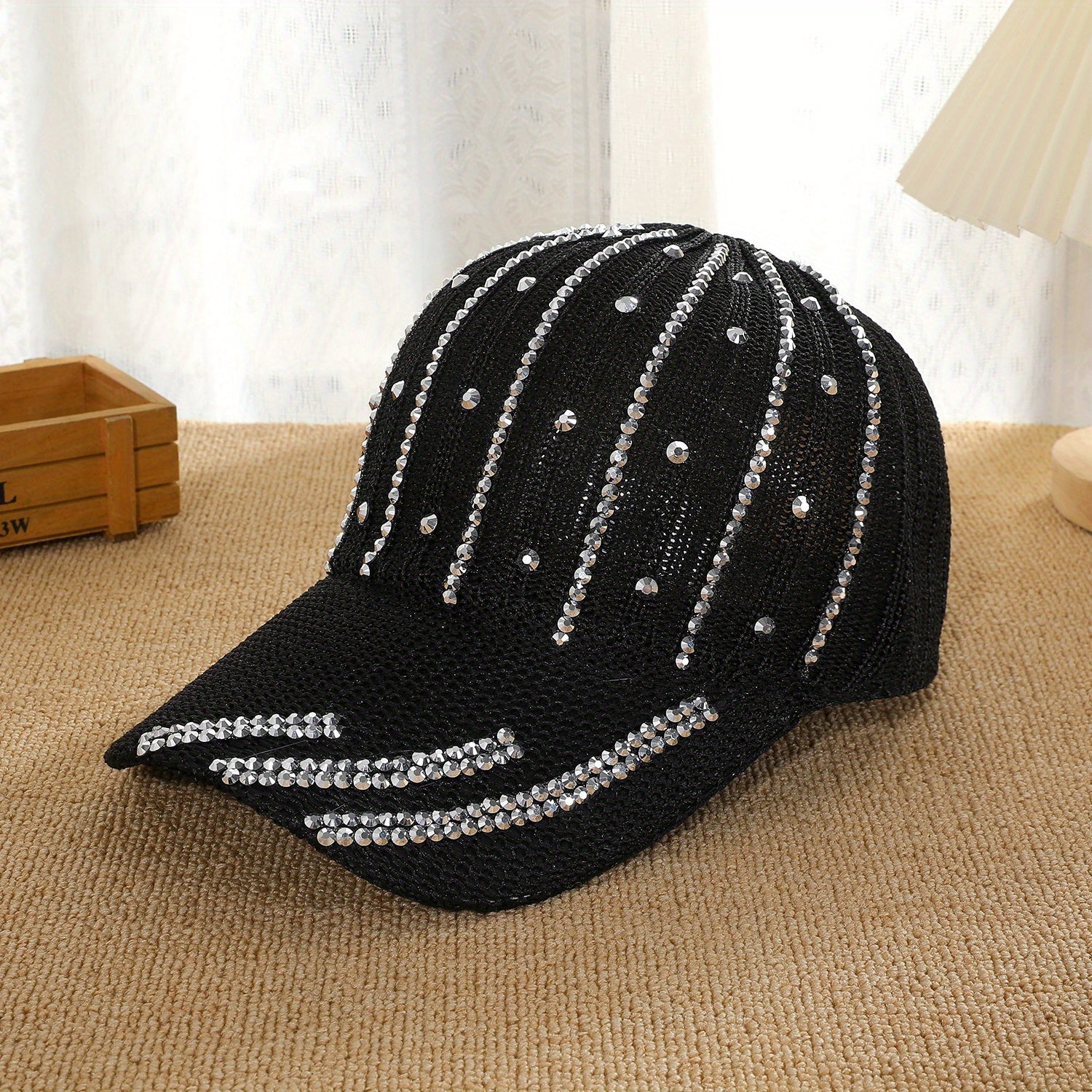 Rhinestone Decor Knitted Baseball Cap Hollow Solid Dad Hat Casual
