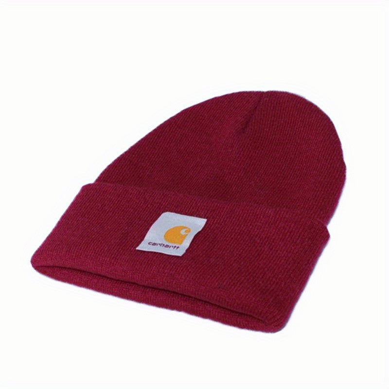 Label Patch Beanie Unisex Solid Knit Hat Warm Skull Cap
