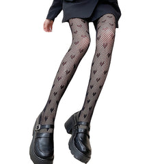 Punk Style Heart Print Fishnet Stockings