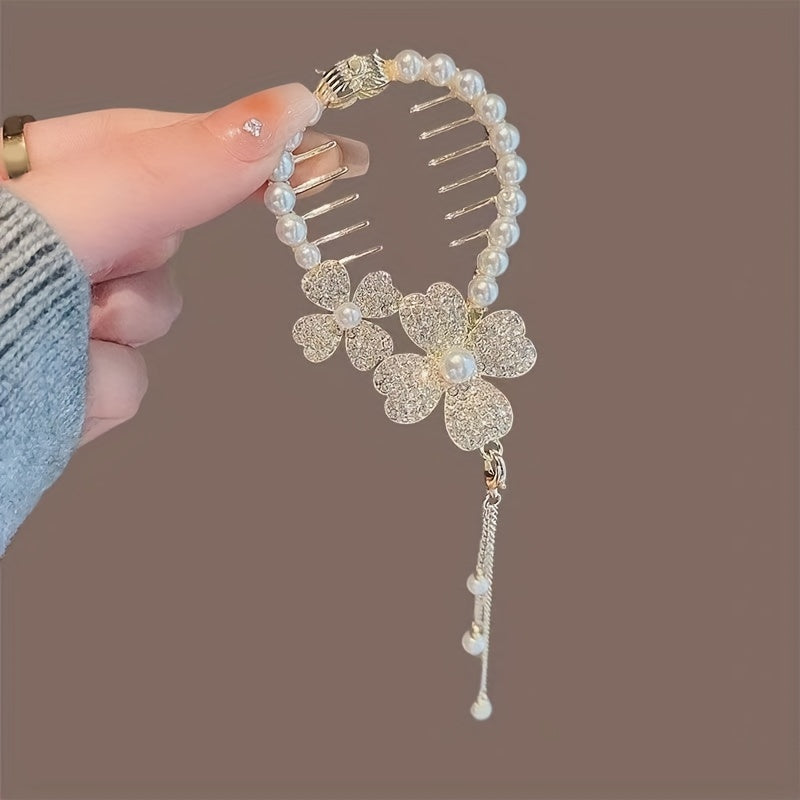 Flower Rhinestones & Faux Pearls Hair Clip Women Girls