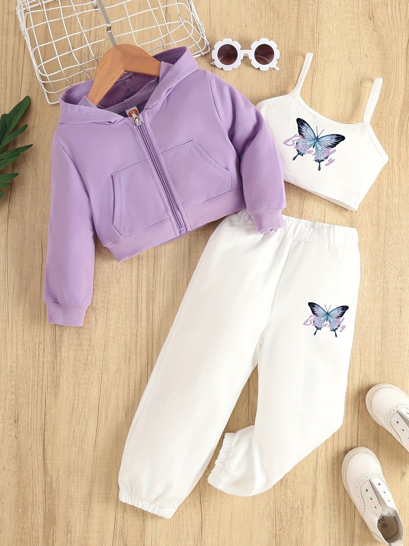 Girl's Butterfly 3pc Zip Up Hoodie & Cami Top & Sweatpants Set