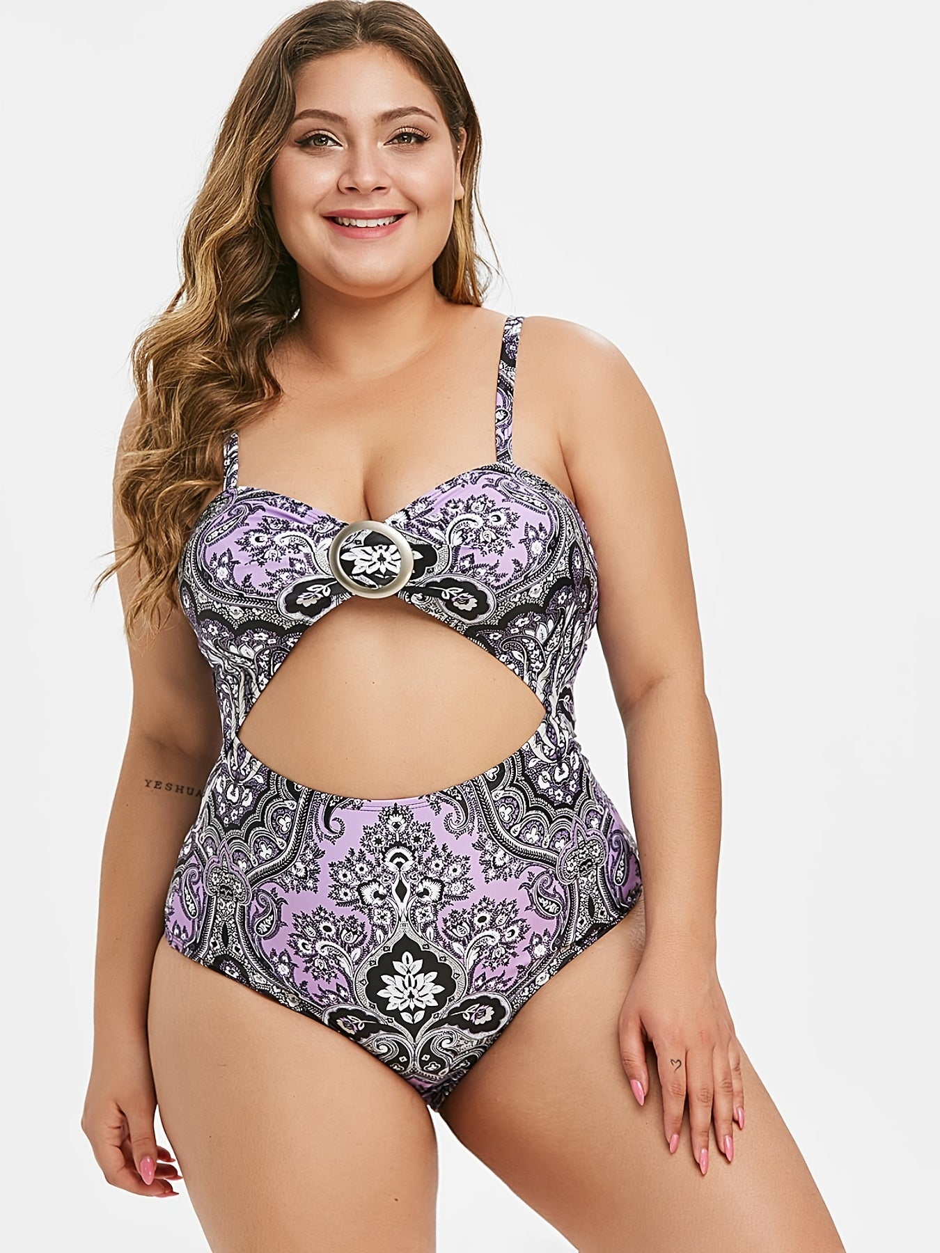 Floral Print Ring Belt One Piece Swimsuit Plus Size