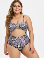 Floral Print Ring Belt One Piece Swimsuit Plus Size