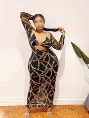 Chain Print Halter Bra & Long Sleeve Semi Sheer Cover Up Set