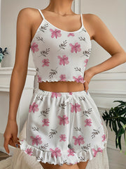 Floral Print Ruffles Pajamas Set Cami Top & Bow Shorts Women's Lingerie