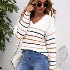 Striped V Neck Drop Shoulder Sweater Casual Long Sleeve