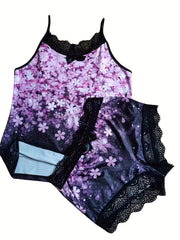 Floral Print Pajama Set Lace Trim Sleeveless V Neck Cami Top & Bow Decor Shorts