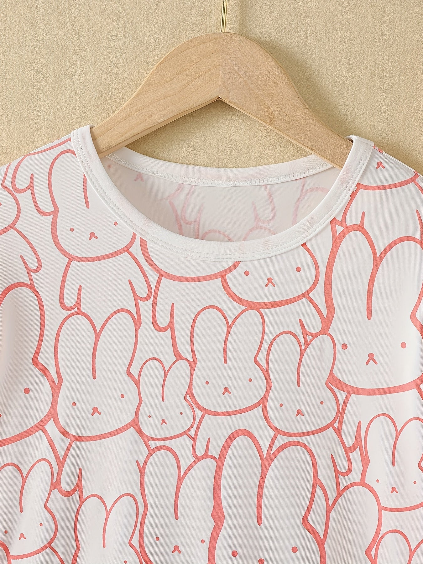 Girls Nightdress Rabbit Print Ruffle Decor PJ Long Sleeve Round Neck Dress
