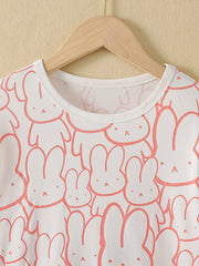 Girls Nightdress Rabbit Print Ruffle Decor PJ Long Sleeve Round Neck Dress