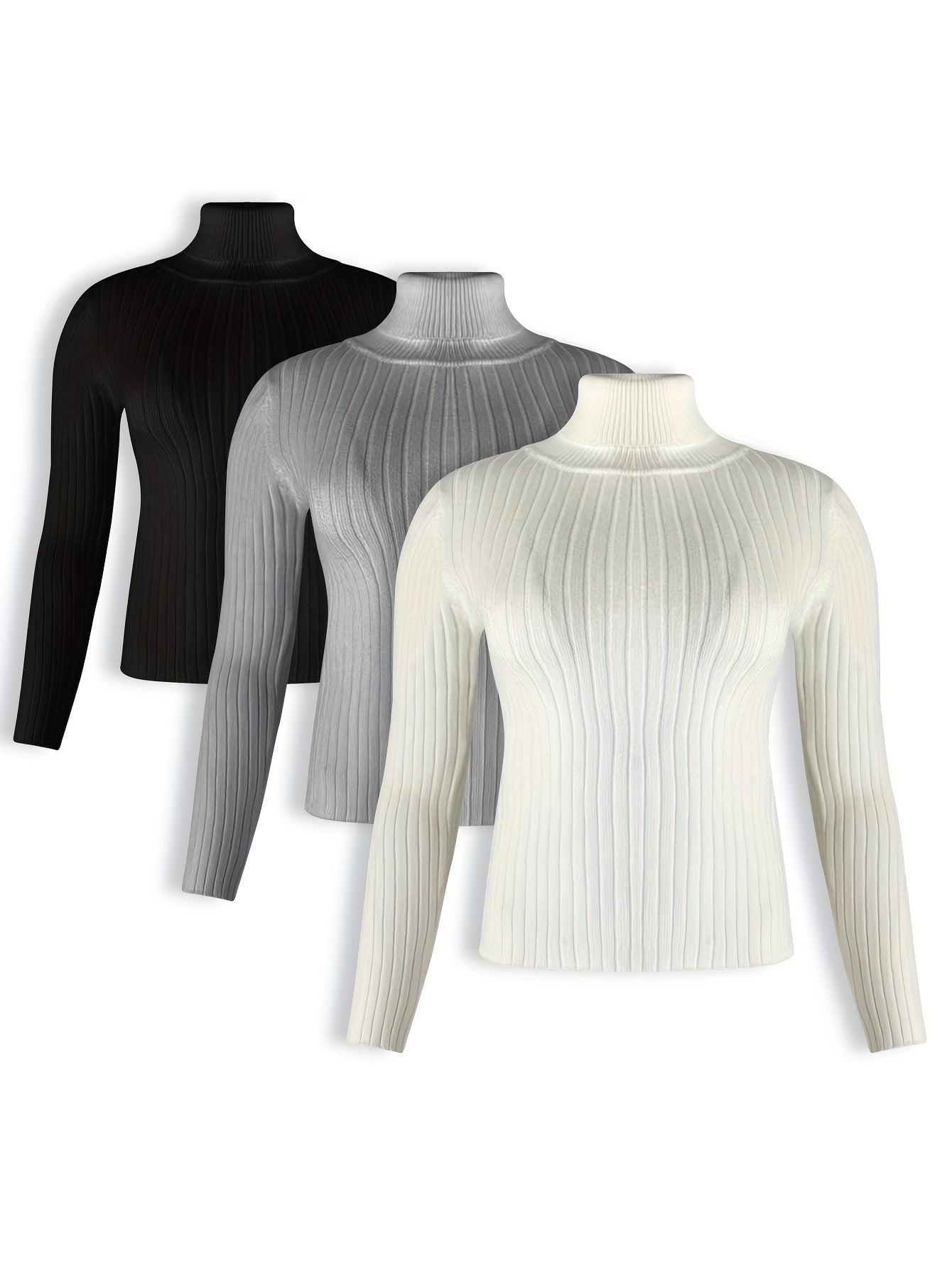 3 Pack Plus Size Ribbed Sweater Set High Neck Jumper