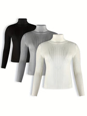 3 Pack Plus Size Ribbed Sweater Set High Neck Jumper