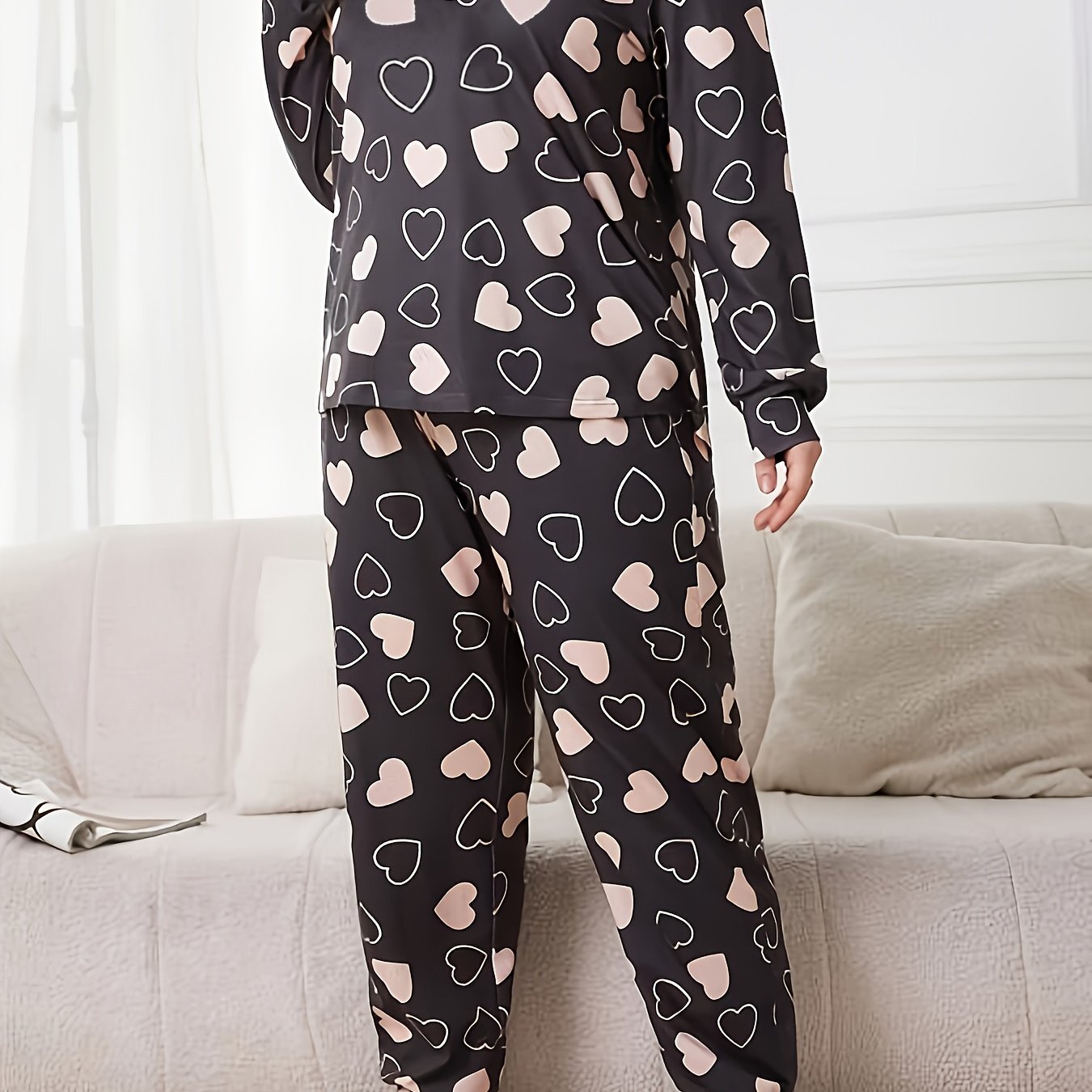 Women's Plus Heart Print Pajamas Set Long Sleeve Tee & Joggers Lounge Set