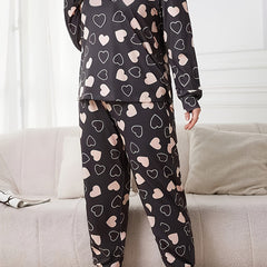 Women's Plus Heart Print Pajamas Set Long Sleeve Tee & Joggers Lounge Set