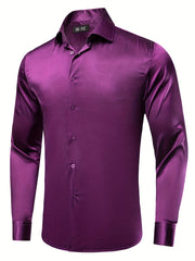Men's Satin Button-Down Shirt Long Sleeve Casual Solid Prom Wedding Fit