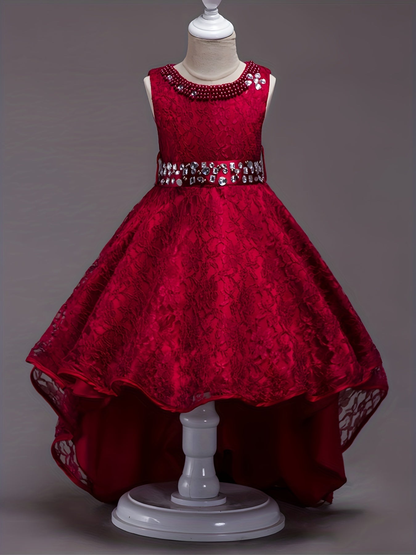 Girls Sleeveless Puffy Princess Dress Tulle Lace Beaded Rhinestone
