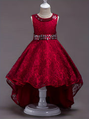 Girls Sleeveless Puffy Princess Dress Tulle Lace Beaded Rhinestone
