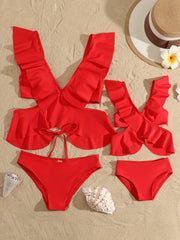 Mommy Kids Matching Swimsuit Ruffle Sleeve Swimwear