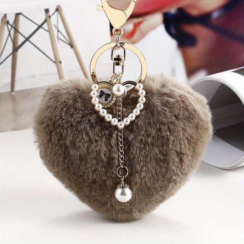 Peach Heart Fur Ball Keychain Pearl Keychain Car Accessories Plush Ornament