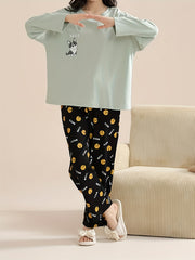 Cartoon Dog Print Pajama Set Long Sleeve Top & Pants Women's Sleepwear