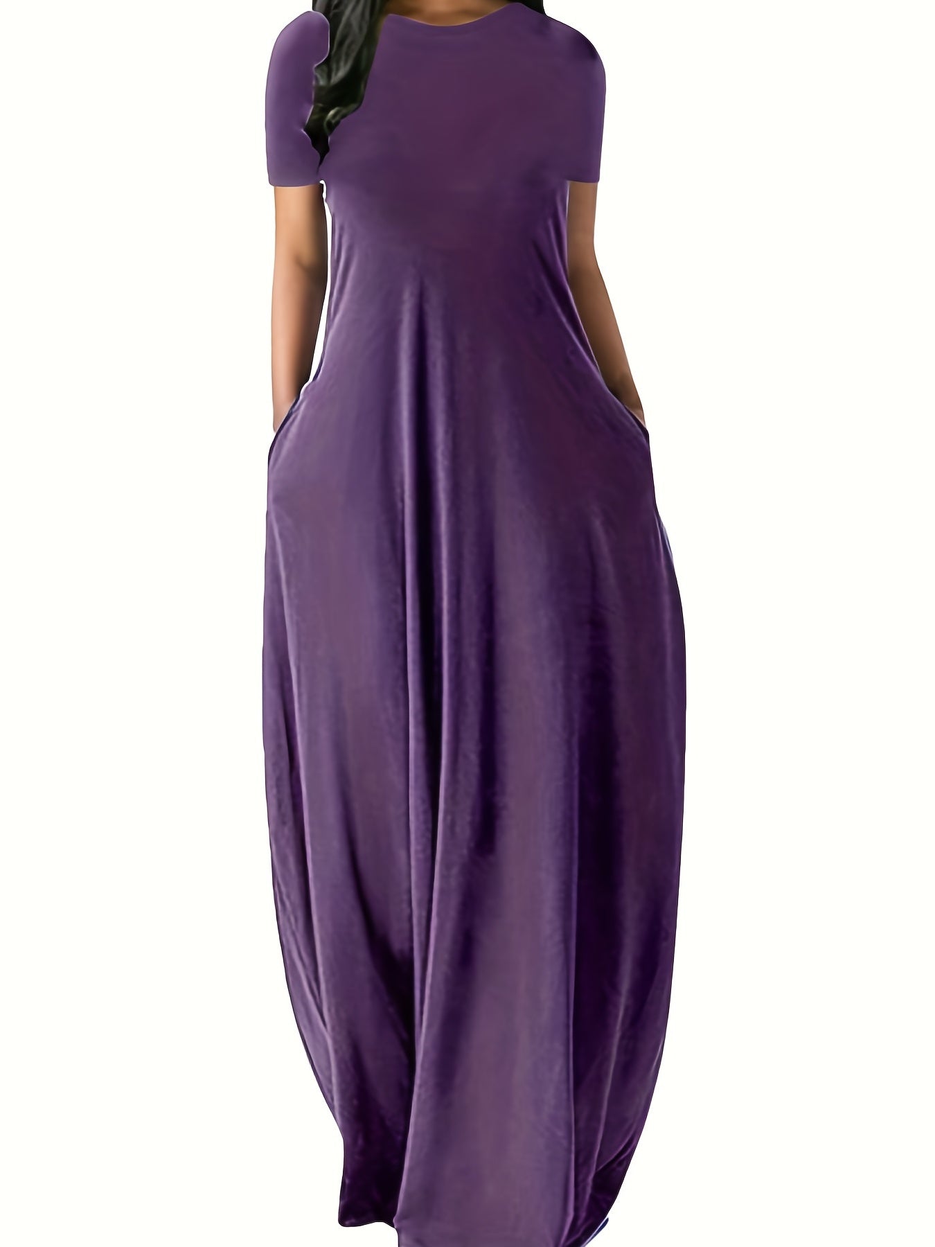 Solid Round Neck Loose Maxi Dress With Pocket Women's Plus