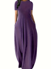 Solid Round Neck Loose Maxi Dress With Pocket Women's Plus
