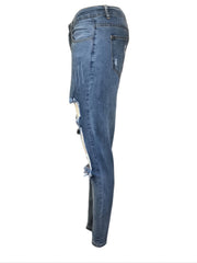 Ripped Holes Skinny Jeans Slim Fit Distressed With Fishnet Stocking Denim Pants